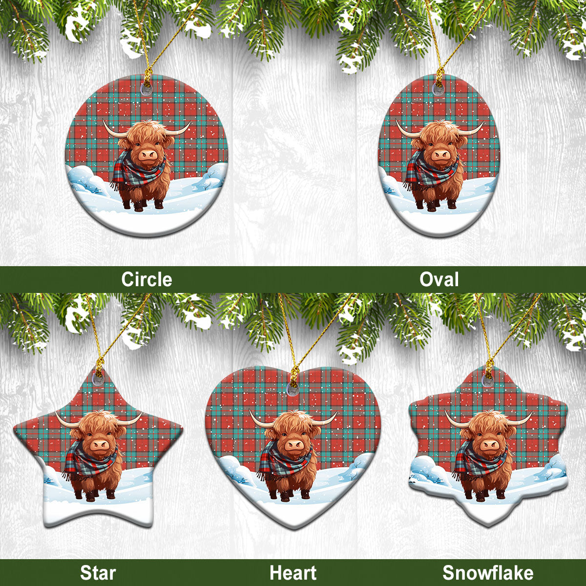Dunbar Ancient Tartan Christmas Ceramic Ornament – Highland Cows Snow Style For Sale