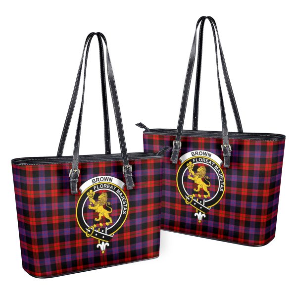 Brown Modern Tartan Crest Leather Tote Bag Online now