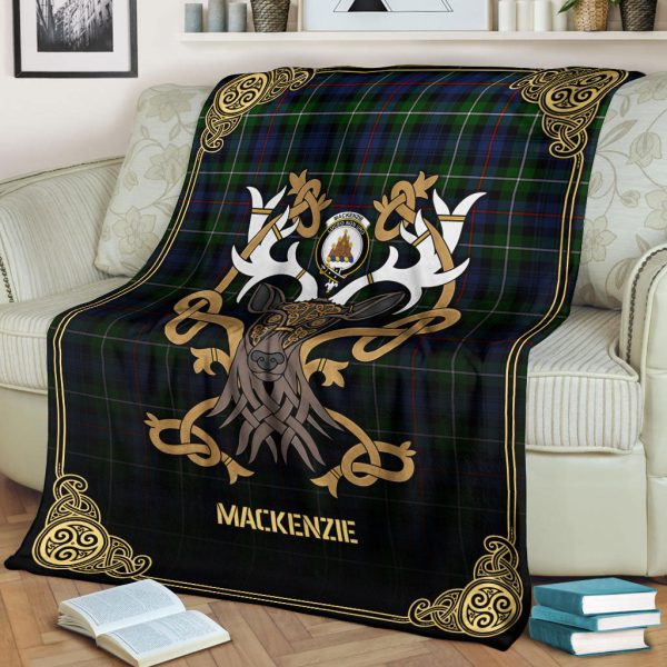 MacKenzie Modern Tartan Crest Premium Blanket - Celtic Stag style For Sale - Image 2