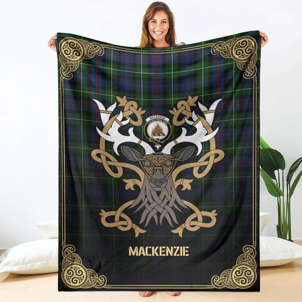 MacKenzie Modern Tartan Crest Premium Blanket - Celtic Stag style For Sale