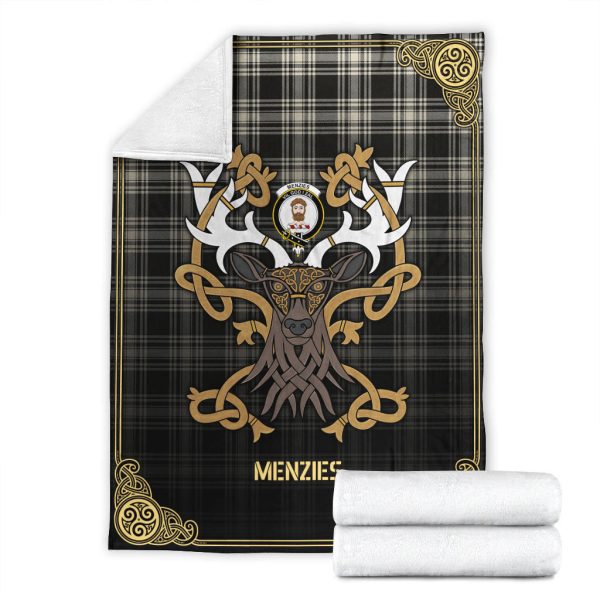 Menzies Black _ White Ancient Tartan Crest Premium Blanket - Celtic Stag style Sale - Image 4