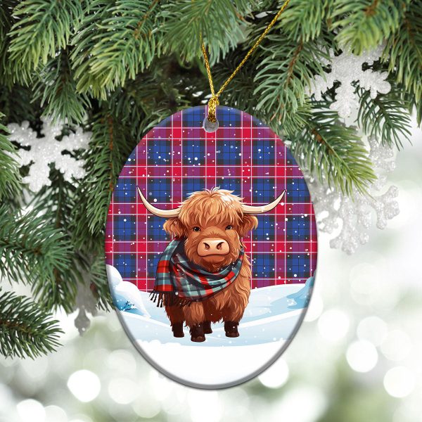 Graham of Menteith Red Tartan Christmas Ceramic Ornament - Highland Cows Snow Style on Sale - Image 3