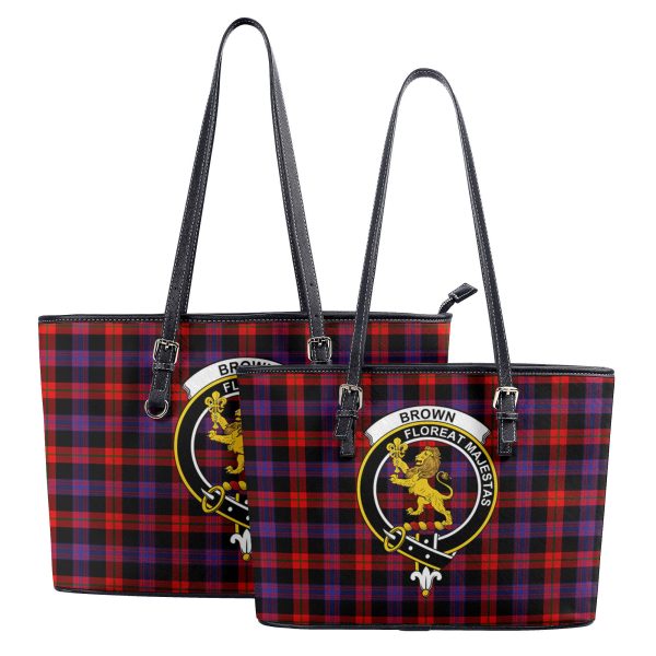 Brown Modern Tartan Crest Leather Tote Bag Online now - Image 4