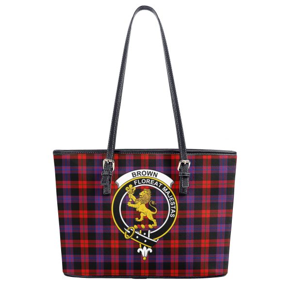 Brown Modern Tartan Crest Leather Tote Bag Online now - Image 2