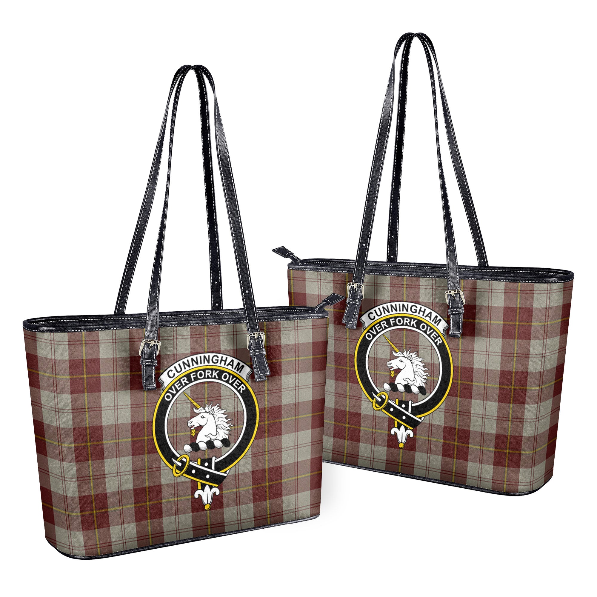 Cunningham Burgundy Dancers Tartan Crest Leather Tote Bag Discount