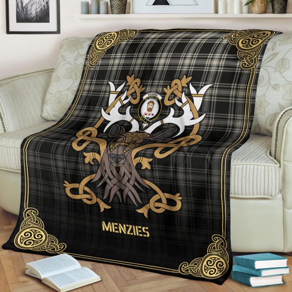 Menzies Black _ White Ancient Tartan Crest Premium Blanket - Celtic Stag style Sale - Image 2