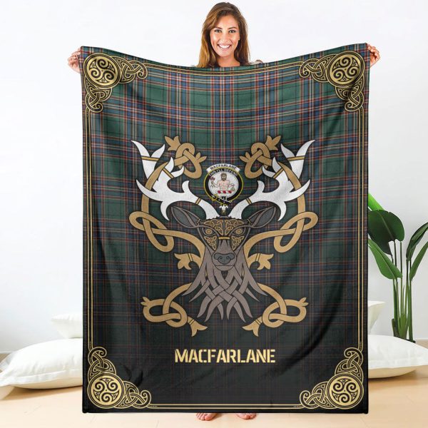 MacFarlane Hunting Ancient Tartan Crest Premium Blanket - Celtic Stag style Sale