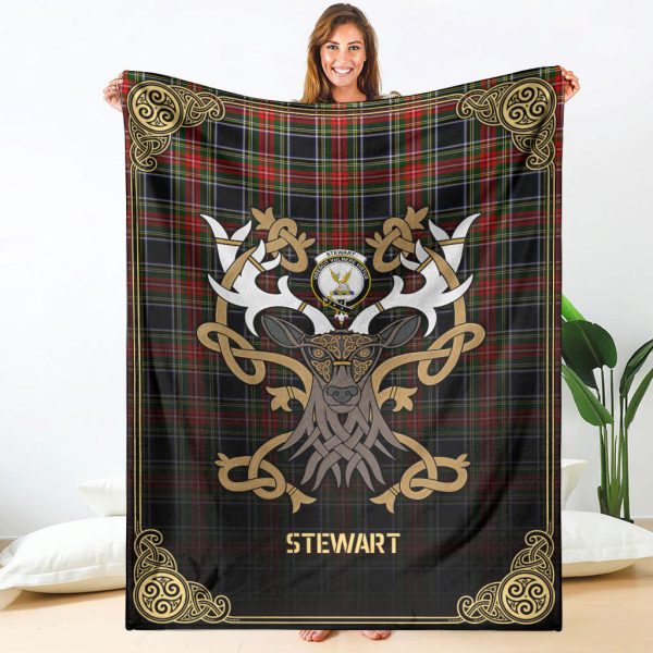 Stewart Black Tartan Crest Premium Blanket - Celtic Stag style Sale