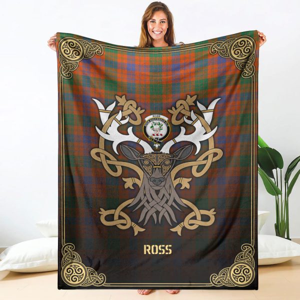 Ross Ancient Tartan Crest Premium Blanket - Celtic Stag style Online Hot Sale