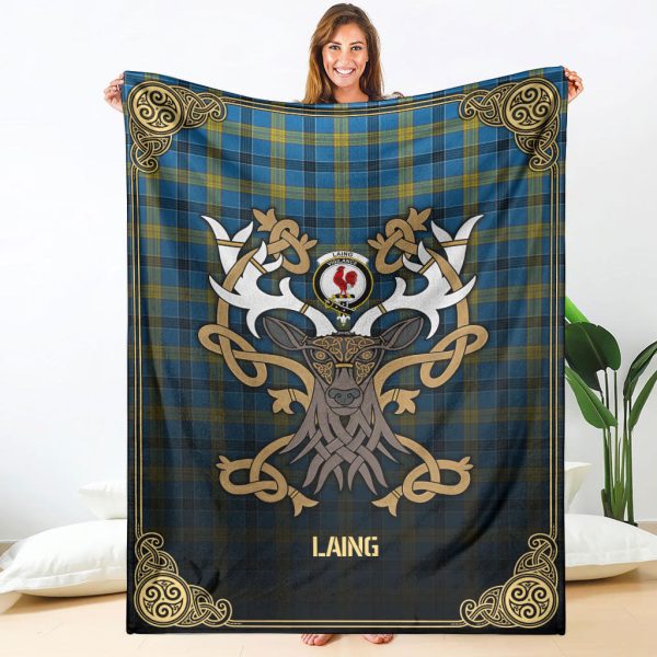 Laing Tartan Crest Premium Blanket - Celtic Stag style For Discount