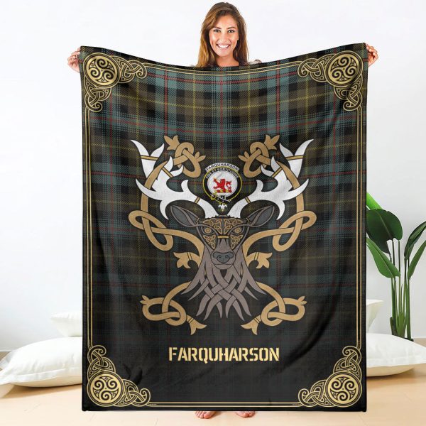 Farquharson Weathered Tartan Crest Premium Blanket - Celtic Stag style Cheap