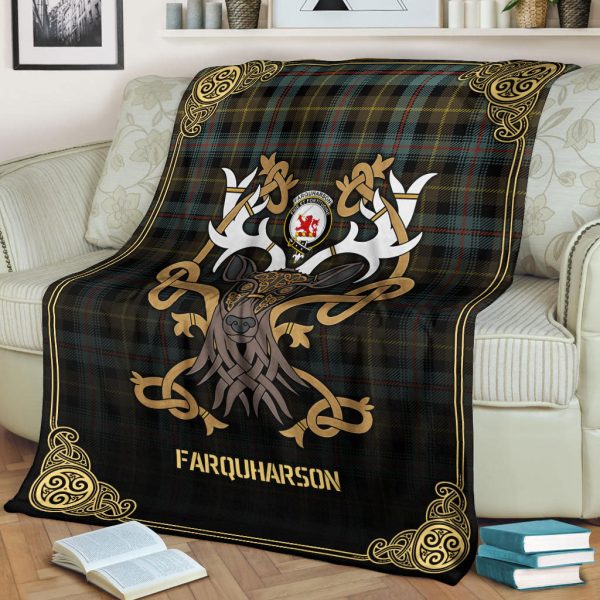 Farquharson Weathered Tartan Crest Premium Blanket - Celtic Stag style Cheap - Image 2