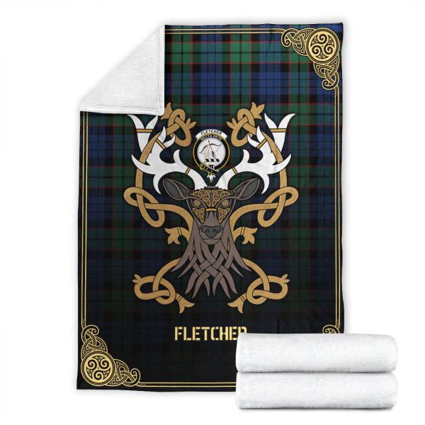 Fletcher Ancient Tartan Crest Premium Blanket - Celtic Stag style For Sale - Image 4