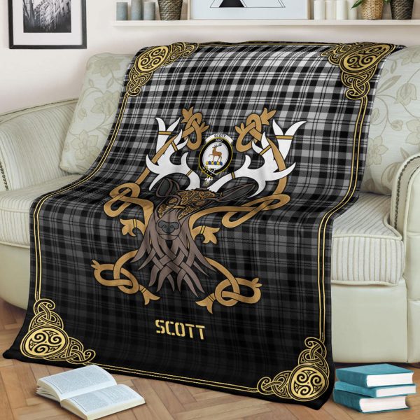 Scott Black & White Modern Tartan Crest Premium Blanket - Celtic Stag style Online Sale - Image 2