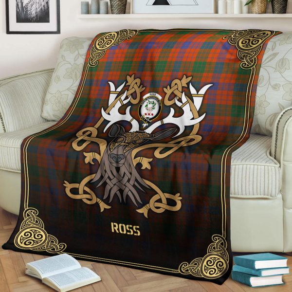 Ross Ancient Tartan Crest Premium Blanket - Celtic Stag style Online Hot Sale - Image 2