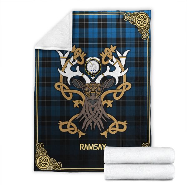 Ramsay Blue Ancient Tartan Crest Premium Blanket - Celtic Stag style Discount - Image 4