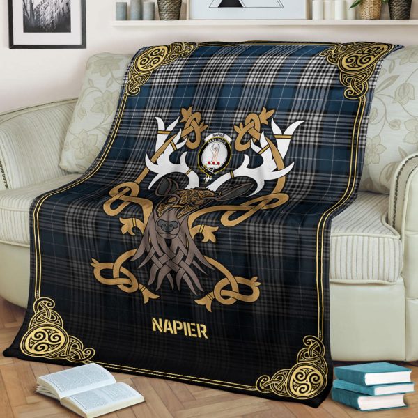 Napier Modern Tartan Crest Premium Blanket - Celtic Stag style Discount - Image 2