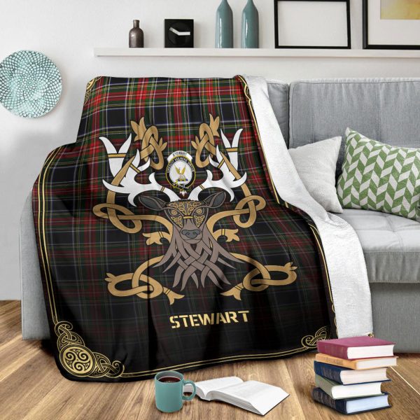 Stewart Black Tartan Crest Premium Blanket - Celtic Stag style Sale - Image 3
