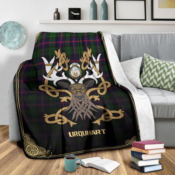 Urquhart Modern Tartan Crest Premium Blanket - Celtic Stag style Hot on Sale - Image 3