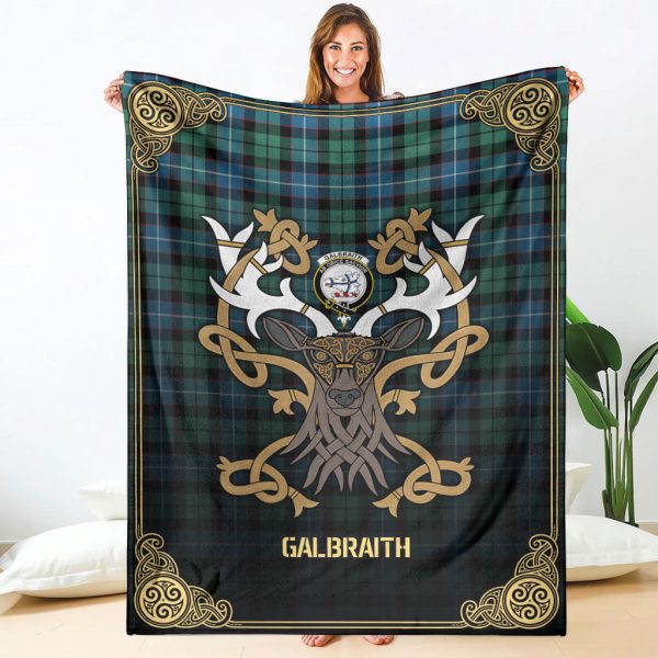 Galbraith Ancient Tartan Crest Premium Blanket - Celtic Stag style Fashion