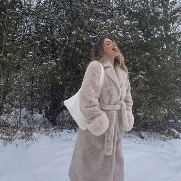 Winter Long Overcoat Women Oversized Lapel Belted Faux Rabbit Fur Coat on Sale - Image 3