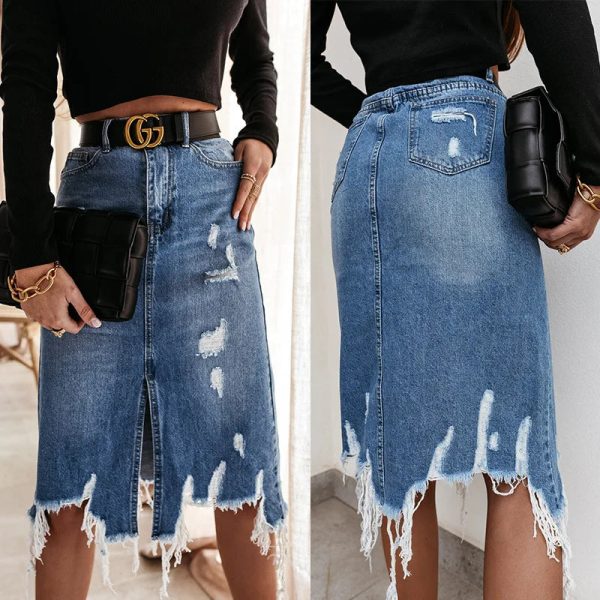 Knee Length Denim Skirt Casual Pocket High Waist Straight Denim Skirt For Cheap