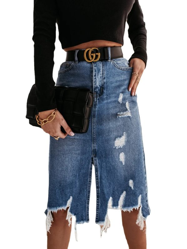 Knee Length Denim Skirt Casual Pocket High Waist Straight Denim Skirt For Cheap - Image 2