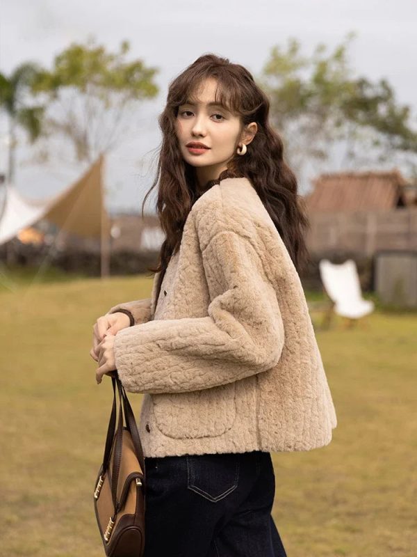 Lamb Wool Coat for Women Winter Short Single Breasted O neck Jacket Supply - Image 5