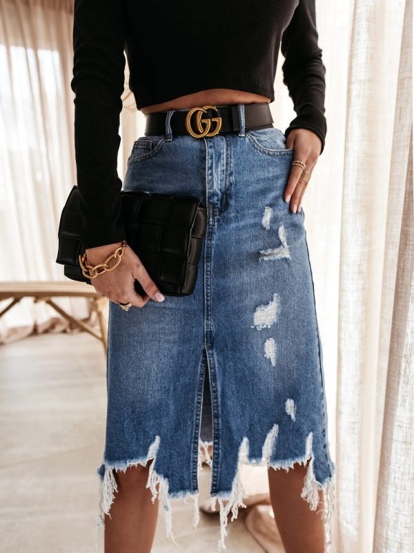 Knee Length Denim Skirt Casual Pocket High Waist Straight Denim Skirt For Cheap - Image 3