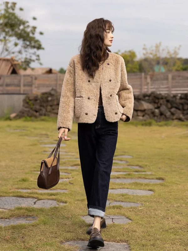 Lamb Wool Coat for Women Winter Short Single Breasted O neck Jacket Supply