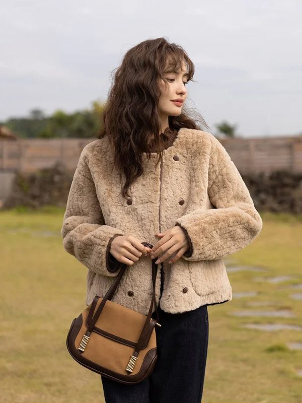 Lamb Wool Coat for Women Winter Short Single Breasted O neck Jacket Supply - Image 3