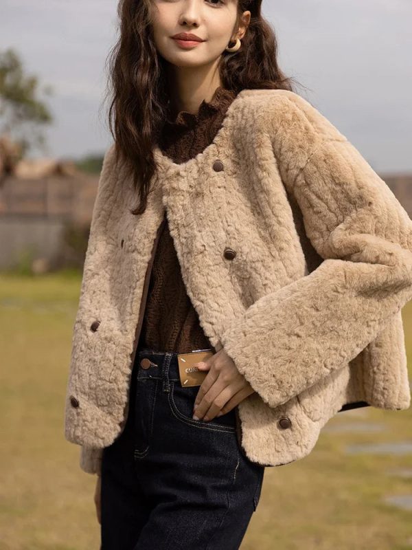 Lamb Wool Coat for Women Winter Short Single Breasted O neck Jacket Supply - Image 4