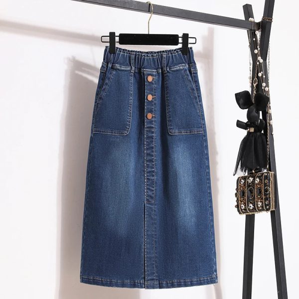 Single Breasted Split Skirt A Line Elastic Waist Casual Pocket Skirt Cheap - Image 3