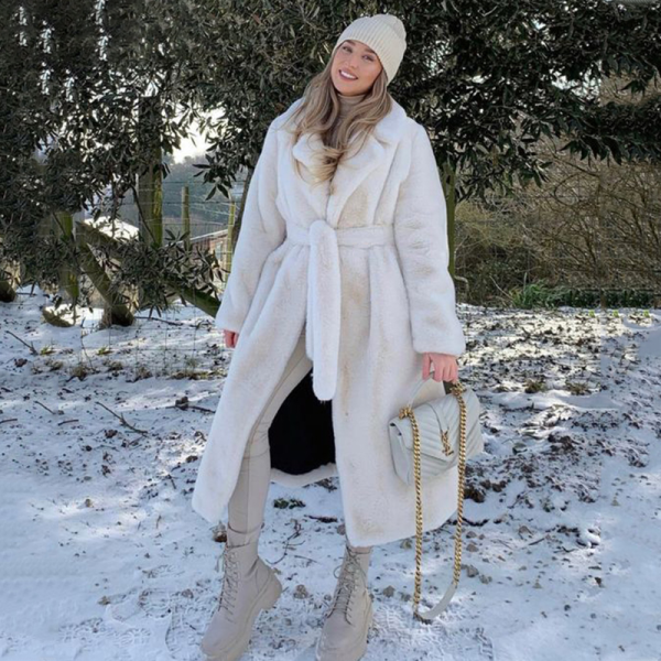 Winter Long Overcoat Women Oversized Lapel Belted Faux Rabbit Fur Coat on Sale