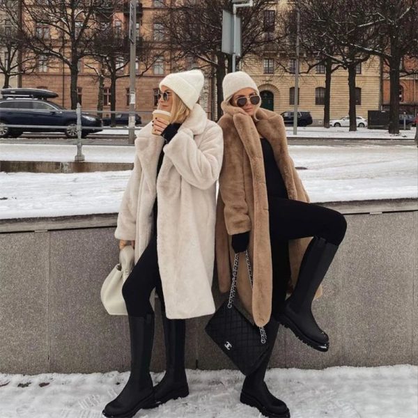 Winter Long Overcoat Women Oversized Lapel Belted Faux Rabbit Fur Coat on Sale - Image 4