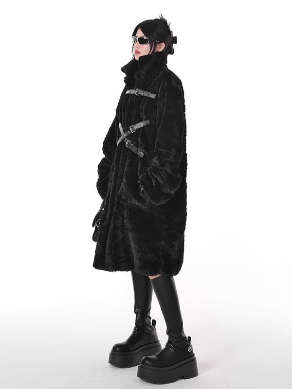 Casual Soft Thick Faux Fur Coat Stand Collar Punk Style Fluffy Coat Online - Image 3